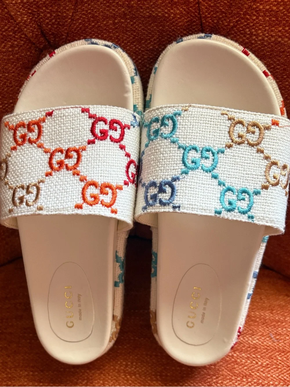 Gucci Angelina Multicolor GG Logo Platform Slides Sandals
